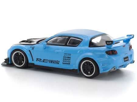 Mazda RX8 RE-Amemiya Widebody RHD (Right Hand Drive) Light Blue with Carbon Hood 1/64 Diecast Model Car by Pop Race-Pop Race-ModelCars.com