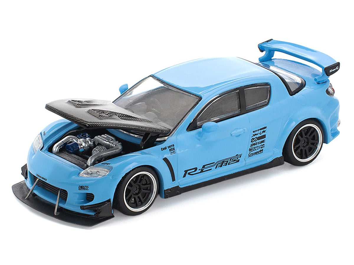 Mazda RX8 RE-Amemiya Widebody RHD (Right Hand Drive) Light Blue with Carbon Hood 1/64 Diecast Model Car by Pop Race-Pop Race-ModelCars.com