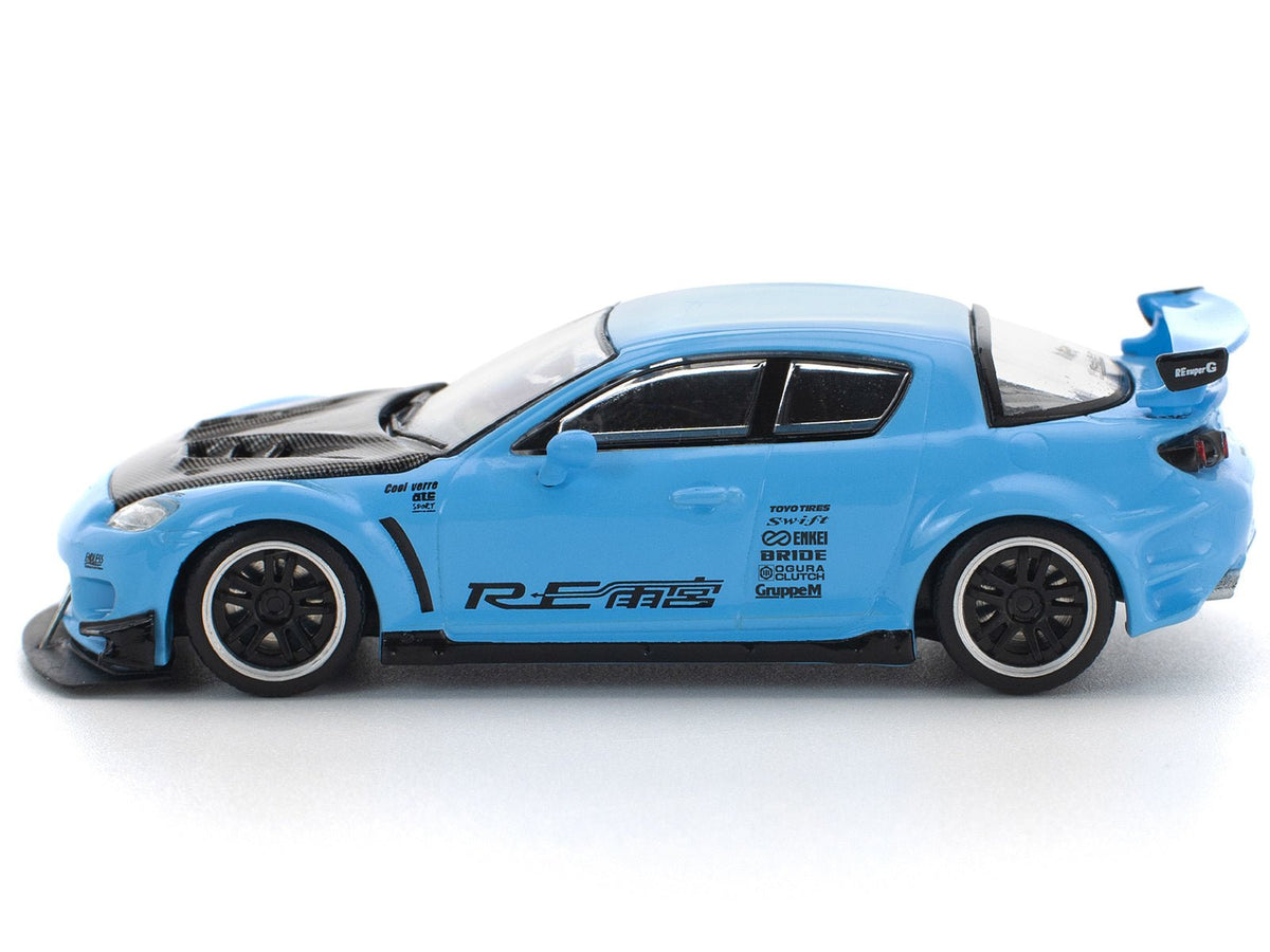 Mazda RX8 RE-Amemiya Widebody RHD (Right Hand Drive) Light Blue with Carbon Hood 1/64 Diecast Model Car by Pop Race-Pop Race-ModelCars.com