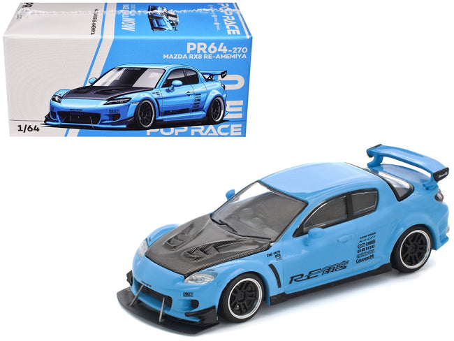 Mazda RX8 RE-Amemiya Widebody RHD (Right Hand Drive) Light Blue with Carbon Hood 1/64 Diecast Model Car by Pop Race-Pop Race-ModelCars.com
