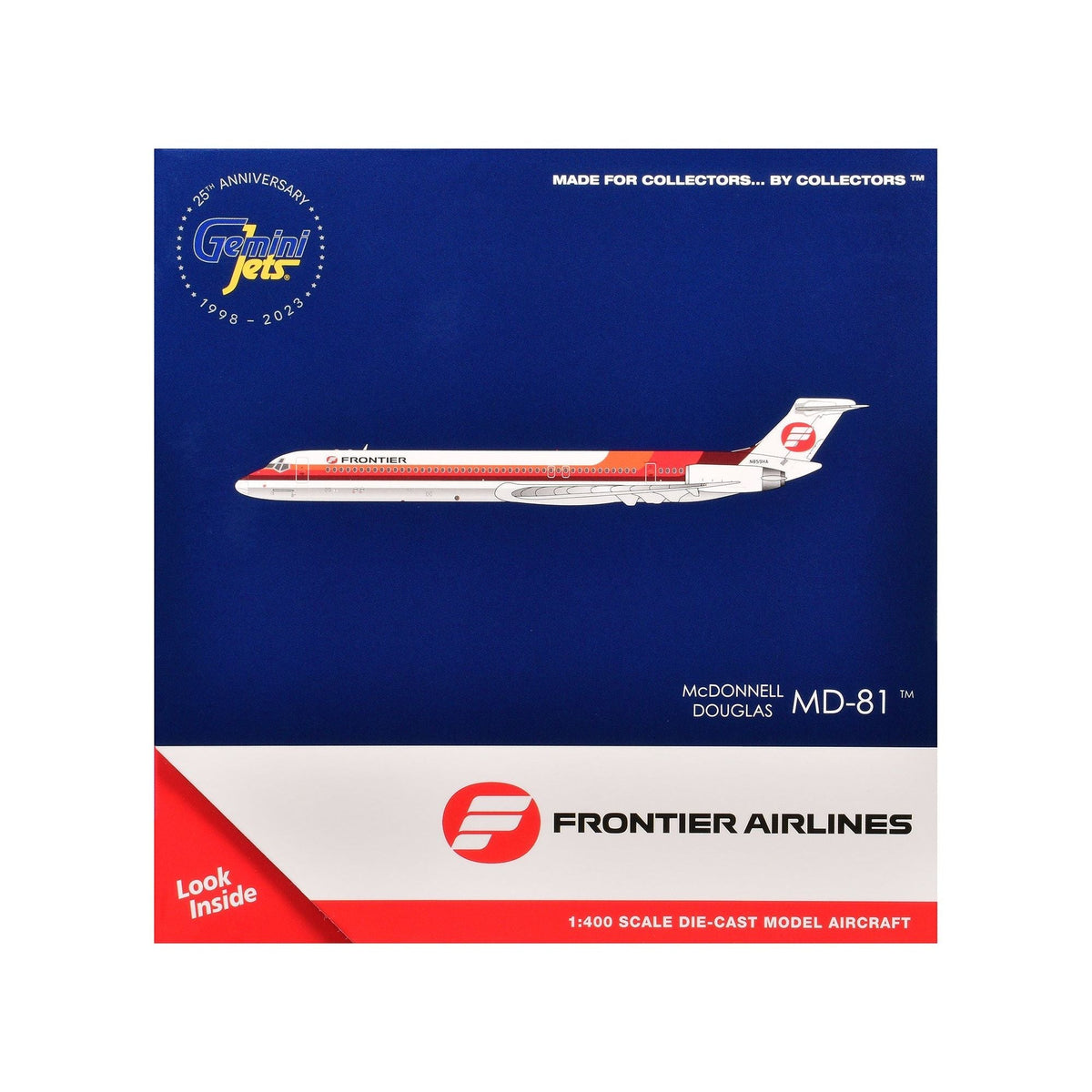 McDonnell Douglas MD-81 Commercial Aircraft "Frontier Airlines" (N859HA) White with Stripes 1/400 Diecast Model Airplane by GeminiJets-GeminiJets-ModelCars.com