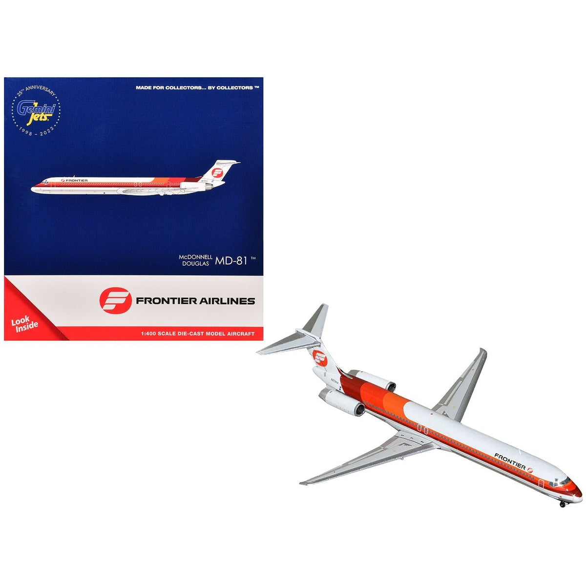 McDonnell Douglas MD-81 Commercial Aircraft "Frontier Airlines" (N859HA) White with Stripes 1/400 Diecast Model Airplane by GeminiJets-GeminiJets-ModelCars.com