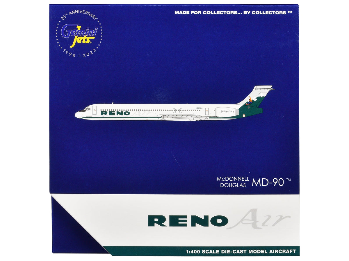 McDonnell Douglas MD-90 Commercial Aircraft "Reno Air" (N905RA) White with Green Tail 1/400 Diecast Model Airplane by GeminiJets-GeminiJets-ModelCars.com