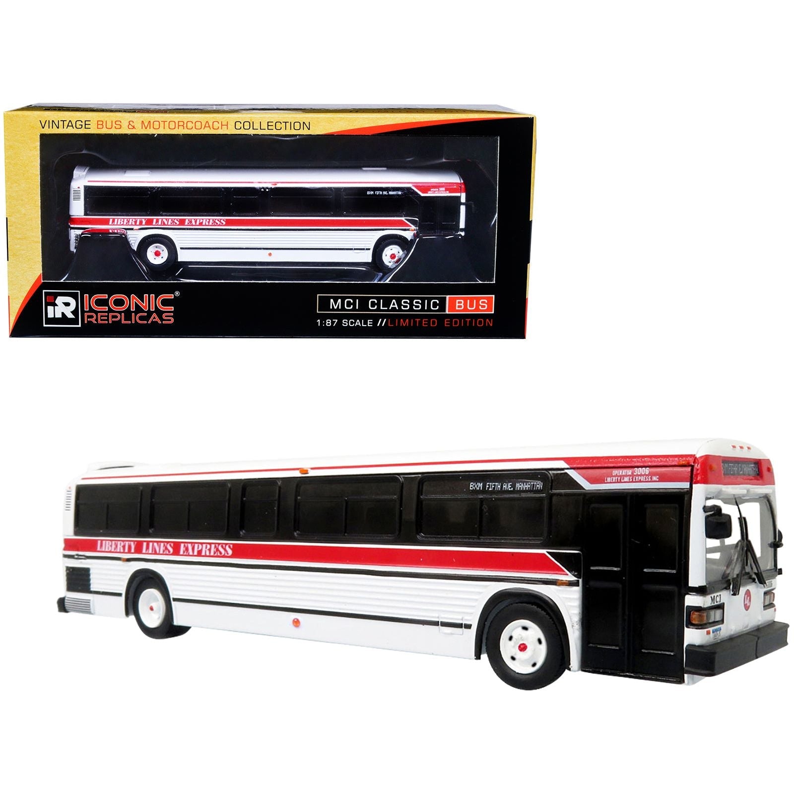 MCI Classic City Bus Liberty Lines Express "BXM Fifth Ave. Manhattan" "Vintage Bus & Motorcoach Collection" 1/87 Diecast Model by Iconic Replicas - Iconic Replicas - ModelCars.com