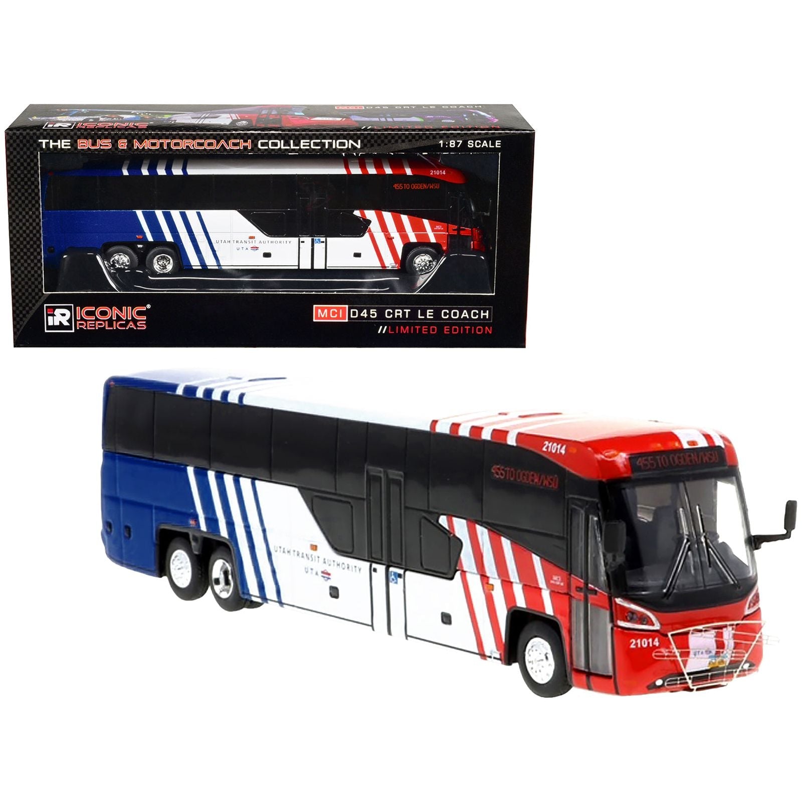 MCI D45 CRT LE Coach Bus "Utah Transit Authority" Destination: "455 To Ogden/WSU" "The Bus & Motorcoach Collection" 1/87 Diecast Model by Iconic Replicas - Iconic Replicas - ModelCars.com