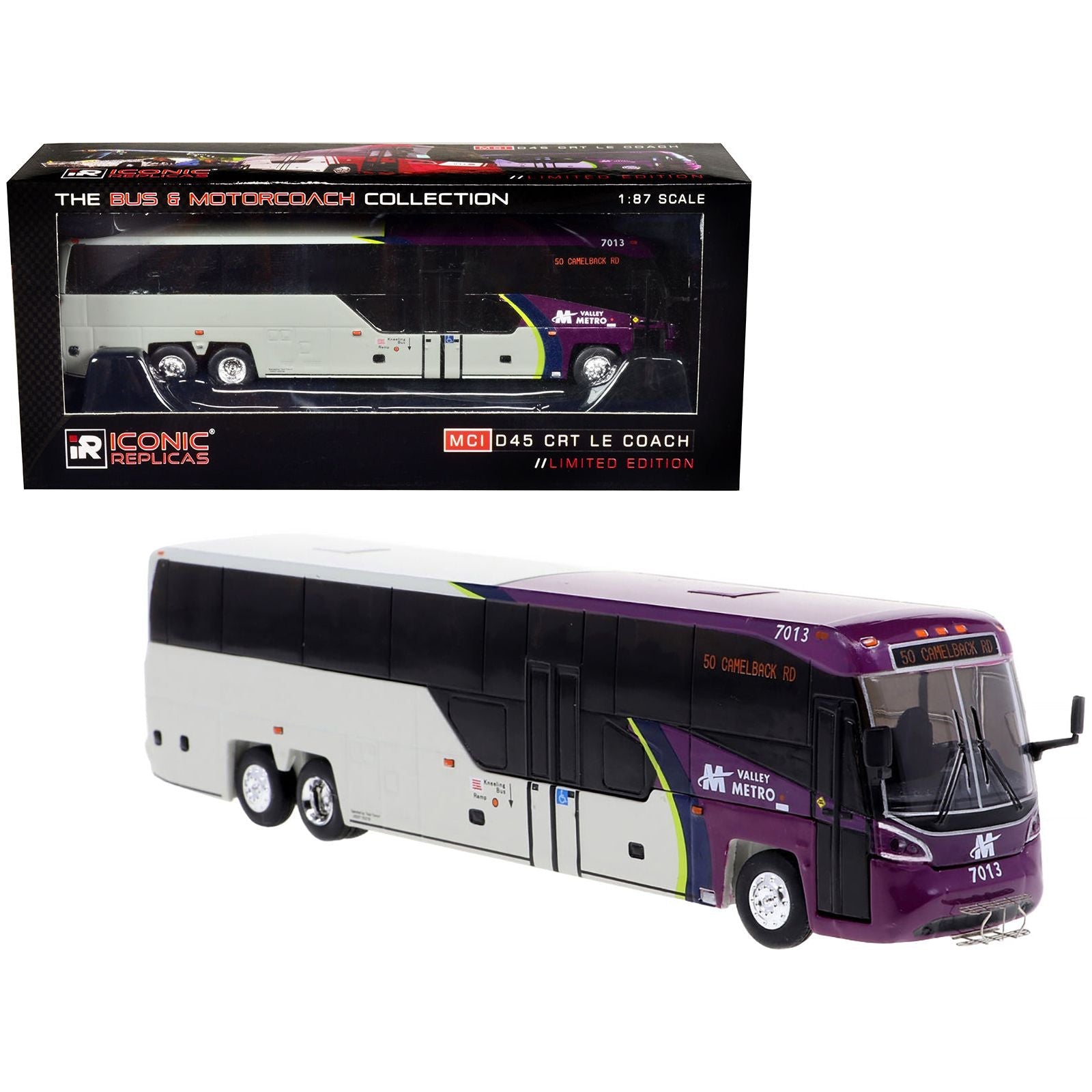 MCI D45 CRT LE Coach Bus "Valley Metro" Destination: "50 Camelback RD" "The Bus & Motorcoach Collection" 1/87 Diecast Model by Iconic Replicas - Iconic Replicas - ModelCars.com