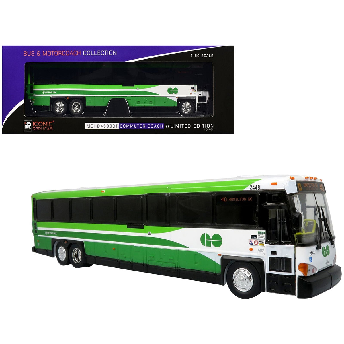 MCI D4500CT Commuter Coach Bus "Metrolinx GO Transit Ontario" White and Green "The Bus & Motorcoach Collection" Limited Edition to 504 pieces Worldwide 1/50 Plastic Model by Iconic Replicas-Iconic Replicas-ModelCars.com