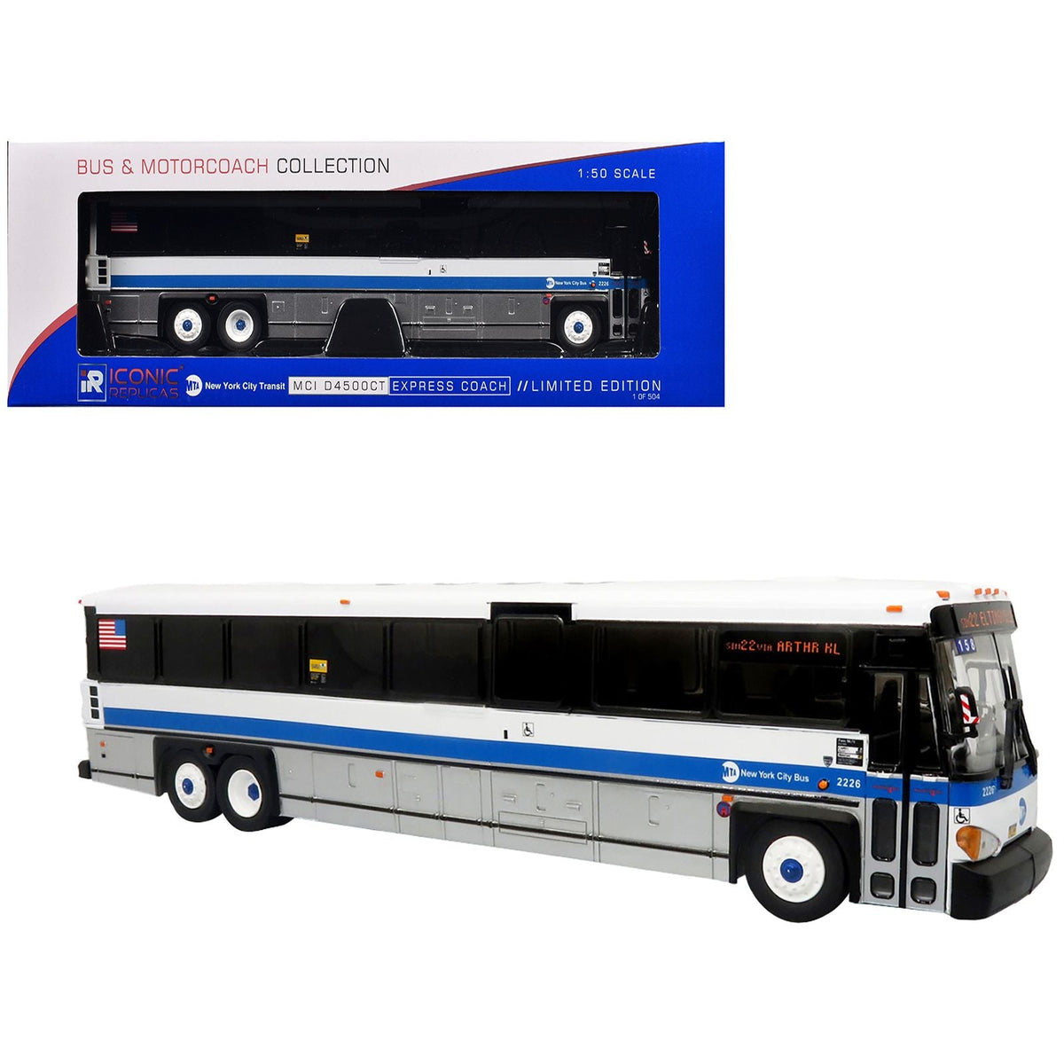 MCI D4500CT Express Coach Bus "MTA New York City Transit" White with Blue Stripes "The Bus & Motorcoach Collection" Limited Edition to 504 pieces Worldwide 1/50 Plastic Model by Iconic Replicas-Iconic Replicas-ModelCars.com