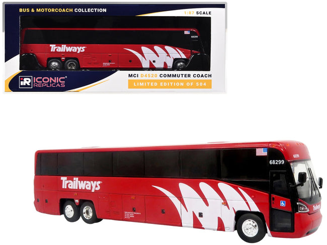 MCI D4520 Commuter Coach Bus "Burlington Trailways" Red with White Graphics "The Bus & Motorcoach Collection" Limited Edition to 504 pieces Worldwide 1/87 (HO) Scale Diecast Model by Iconic Replicas-Iconic Replicas-ModelCars.com