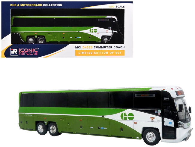 MCI D4520 Commuter Coach Bus "GO Transit" Green and White "The Bus & Motorcoach Collection" Limited Edition to 504 pieces Worldwide 1/87 (HO) Scale Diecast Model by Iconic Replicas-Iconic Replicas-ModelCars.com