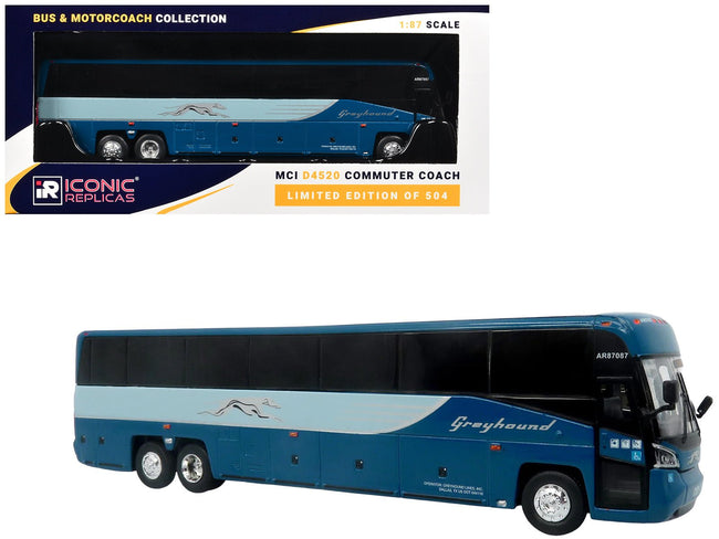 MCI D4520 Commuter Coach Bus "Greyhound Lines" Blue with Light Blue Stripes "The Bus & Motorcoach Collection" Limited Edition to 504 pieces Worldwide 1/87 (HO) Scale Diecast Model by Iconic Replicas-Iconic Replicas-ModelCars.com