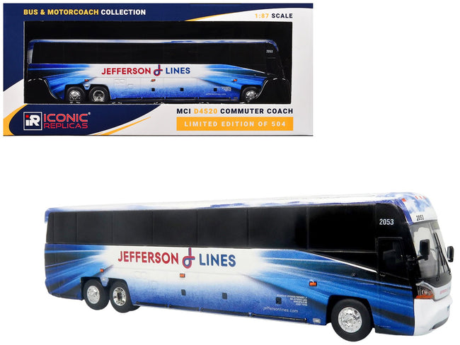 MCI D4520 Commuter Coach Bus "Jefferson Lines" White with Blue Graphics "The Bus & Motorcoach Collection" Limited Edition to 504 pieces Worldwide 1/87 (HO) Scale Diecast Model by Iconic Replicas-Iconic Replicas-ModelCars.com