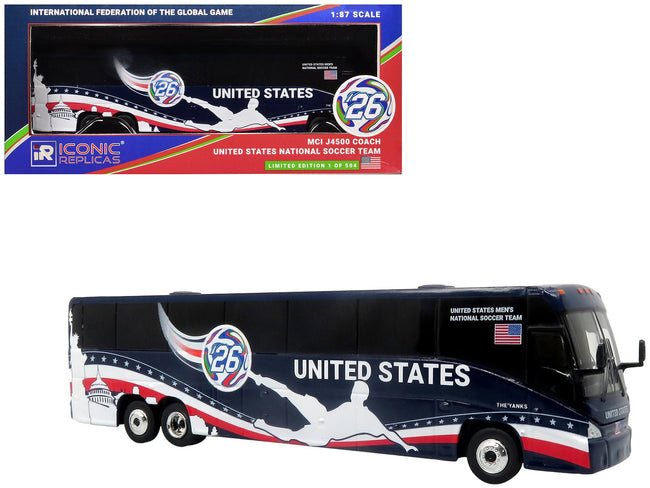 MCI J4500 Coach Bus "United States National Soccer Team" Dark Blue with Graphics "International Federation of the Global Game" Series Limited Edition to 504 pieces Worldwide 1/87 (HO) Diecast Model by Iconic Replicas-Iconic Replicas-ModelCars.com