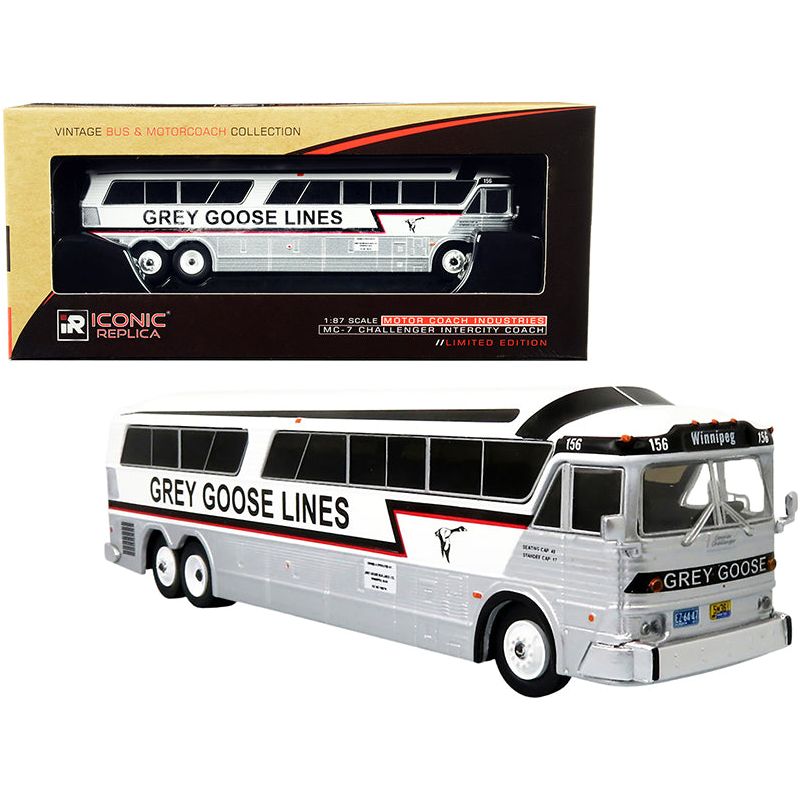 MCI MC - 7 Challenger Intercity Coach "Grey Goose Lines" Winnipeg (Canada) White and Silver with Stripes "Vintage Bus & Motorcoach Collection" 1/87 (HO) Diecast Model by Iconic Replicas - Iconic Replicas - ModelCars.com