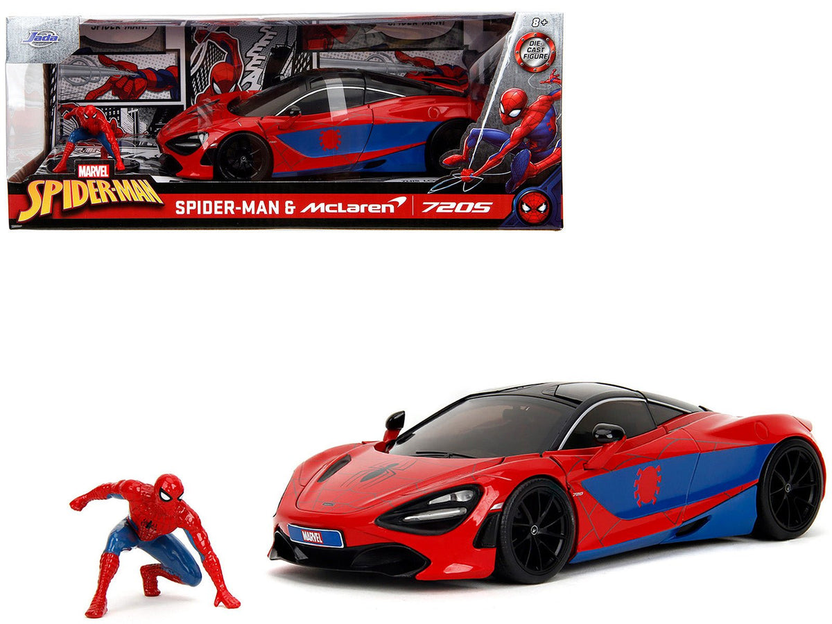 McLaren 720S Red and Blue with Black Top and Graphics and Spider-Man Diecast Figure "Marvel Spider-Man" "Hollywood Rides" Series 1/24 Diecast Model Car by Jada-Jada-ModelCars.com