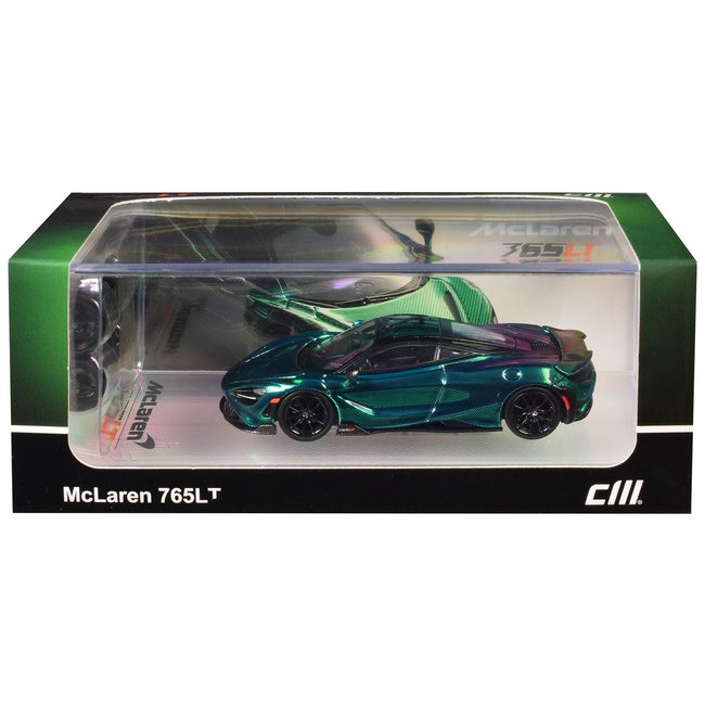 McLaren 765LT Green Carbon Metallic with Black Top and Extra Wheels 1/64 Diecast Model Car by CM Model-CM Models-ModelCars.com