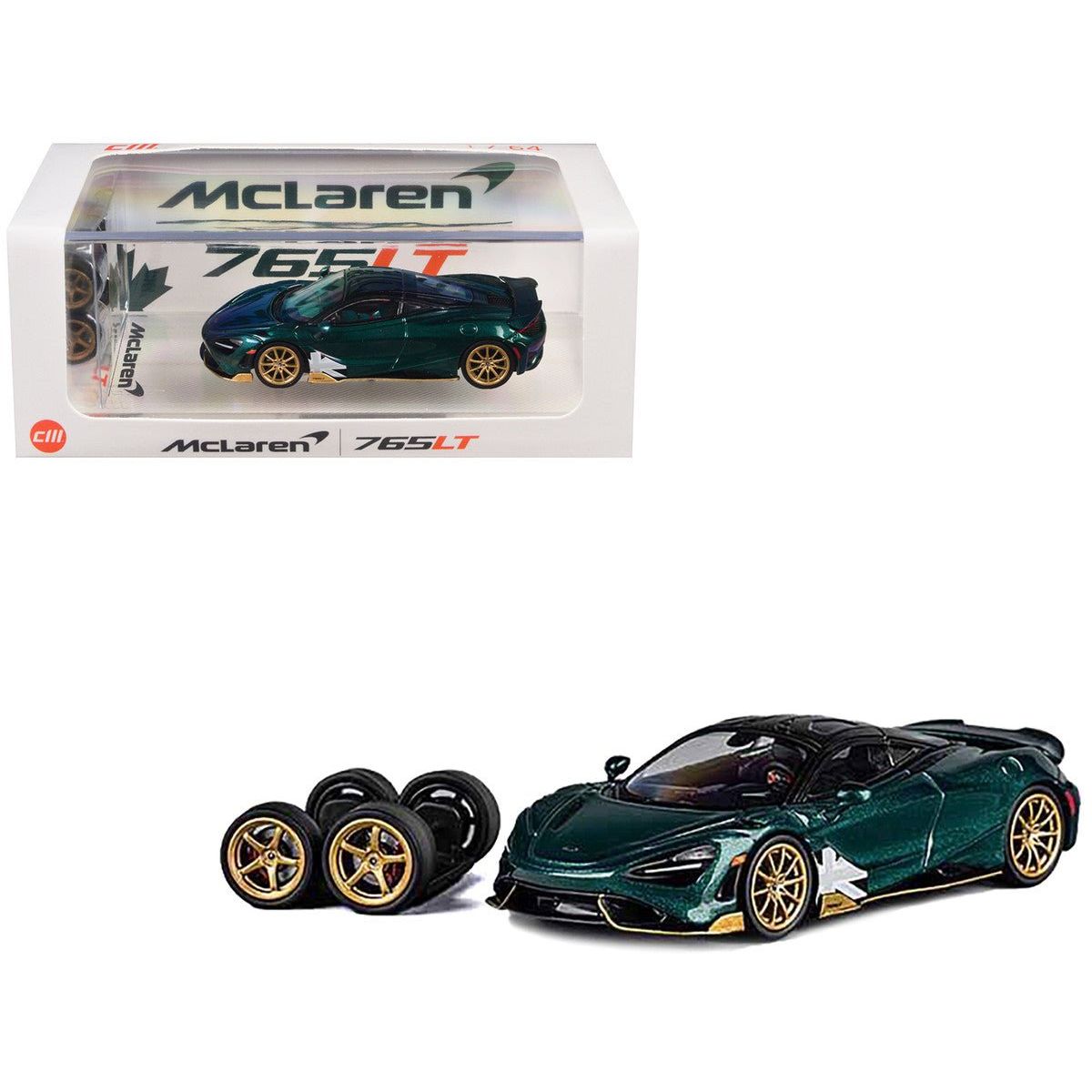 McLaren 765LT Racing Green Metallic with Black Top and Extra Wheels 1/64 Diecast Model Car by CM Models - CM Models - ModelCars.com