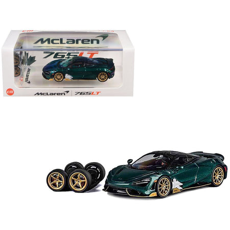 McLaren 765LT Racing Green Metallic with Black Top and Extra Wheels 1/64 Diecast Model Car by CM Models - CM Models - ModelCars.com