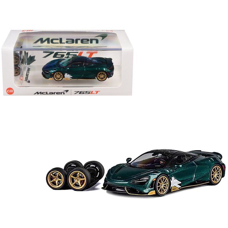 McLaren 765LT Racing Green Metallic with Black Top and Extra Wheels 1/64 Diecast Model Car by CM Models - CM Models - ModelCars.com