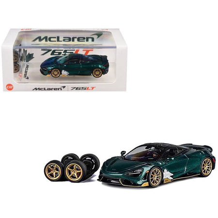 McLaren 765LT Racing Green Metallic with Black Top and Extra Wheels 1/64 Diecast Model Car by CM Models - CM Models - ModelCars.com