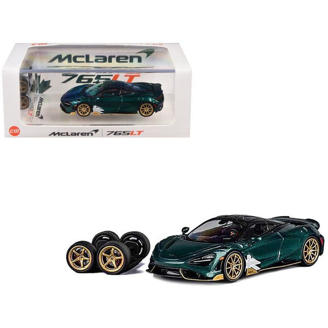 McLaren 765LT Racing Green Metallic with Black Top and Extra Wheels 1/64 Diecast Model Car by CM Models - CM Models - ModelCars.com
