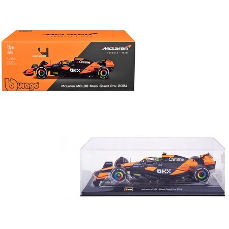 McLaren MCL38 #4 Lando Norris "OKX" Winner Formula One F1 "Miami GP" (2024) with Display Case 1/24 Diecast Model Car by Bburago-Bburago-ModelCars.com