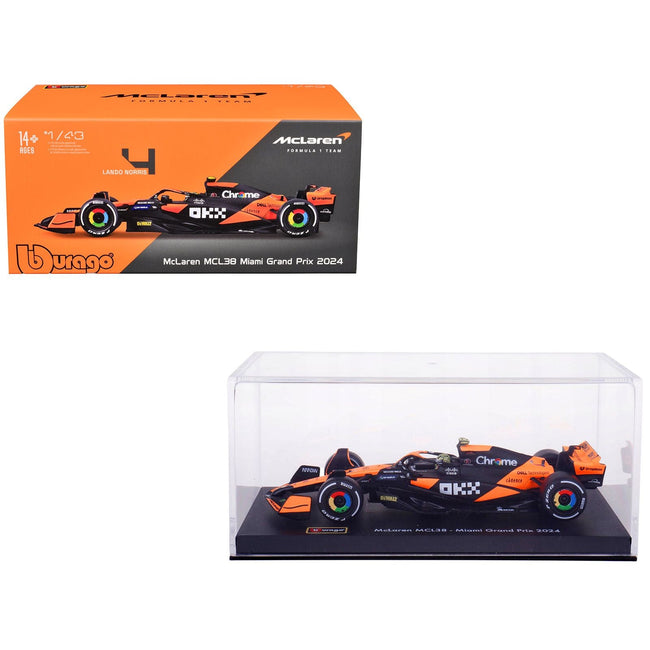 McLaren MCL38 #4 Lando Norris "OKX" Winner Formula One F1 "Miami GP" (2024) with Driver Figure and Display Case "Race" Series 1/43 Diecast Model Car by Bburago-Bburago-ModelCars.com