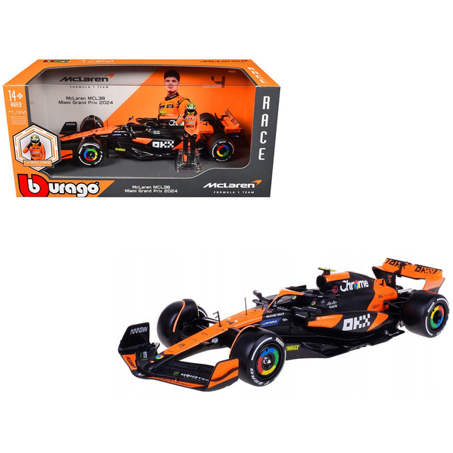 McLaren MCL38 #4 Lando Norris "OKX" Winner Formula One F1 "Miami GP" (2024) with Driver Figure "Race" Series 1/24 Diecast Model Car by Bburago-Bburago-ModelCars.com