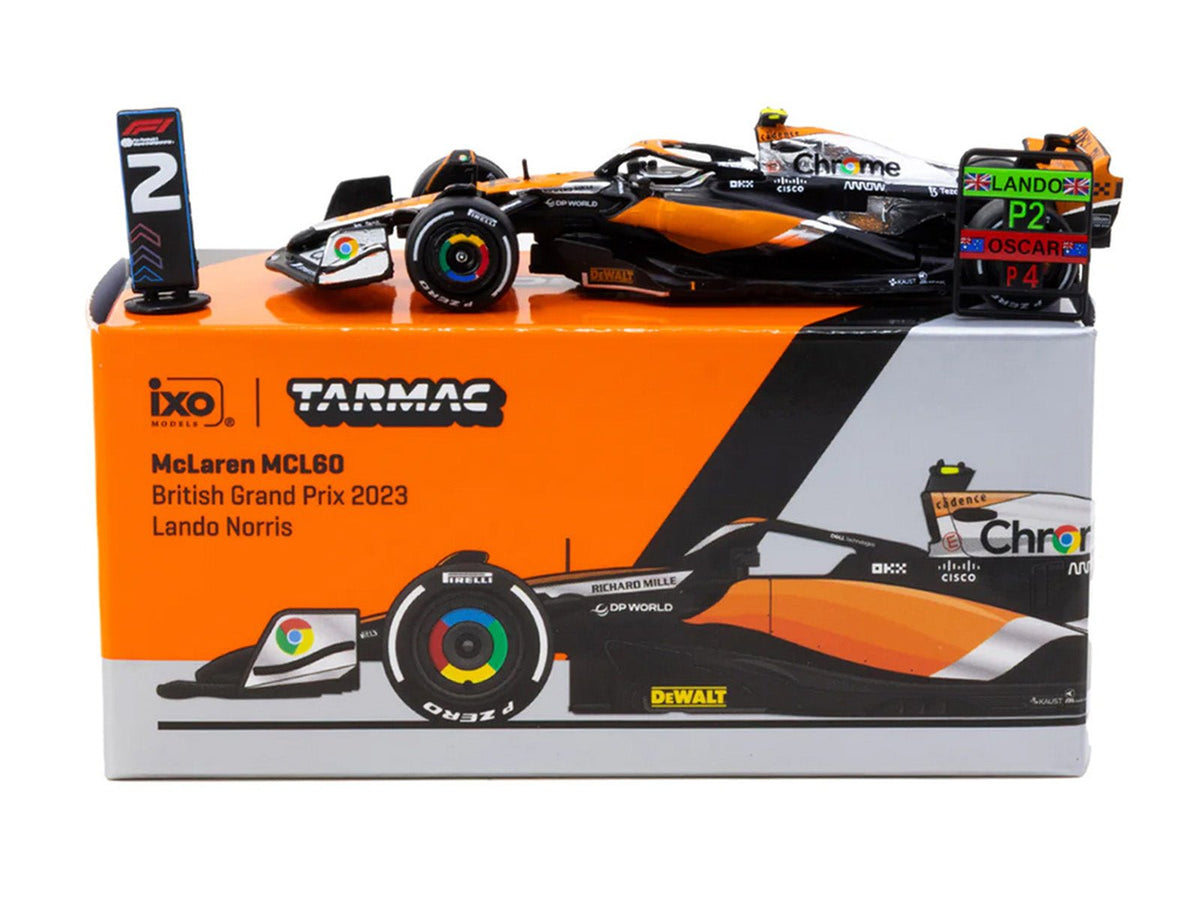 McLaren MCL60 4 Lando Norris 2nd Place Formula One F1 "British GP" (2023) with Pitboards "Global64" Series 1/64 Diecast Model Car by Tarmac Works-Tarmac Works-ModelCars.com