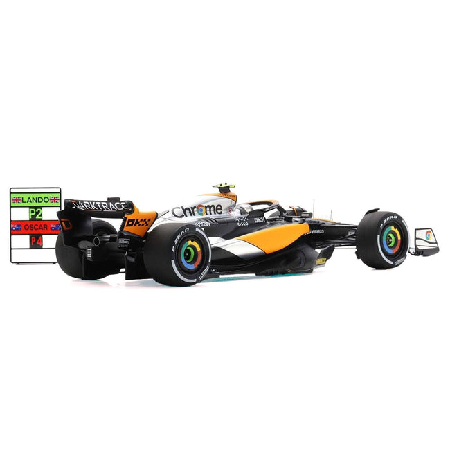 McLaren MCL60 #4 Lando Norris "Chrome" 2nd Place Formula One F1 "British GP" (2023) and Acrylic Display Case and Pit Board 1/18 Model Car by Spark-Spark-ModelCars.com