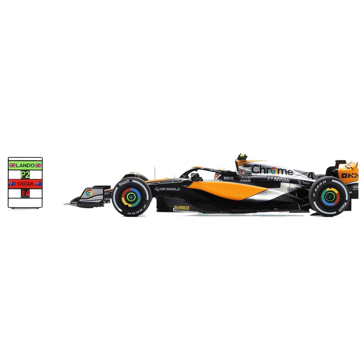 McLaren MCL60 4 Lando Norris "Chrome" 2nd Place Formula One F1 "British GP" (2023) and Acrylic Display Case and Pit Board 1/18 Model Car by Spark - Spark - ModelCars.com