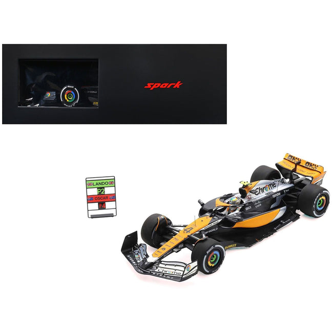 McLaren MCL60 #4 Lando Norris "Chrome" 2nd Place Formula One F1 "British GP" (2023) and Acrylic Display Case and Pit Board 1/18 Model Car by Spark-Spark-ModelCars.com