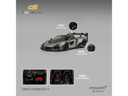 McLaren Senna GTR Silver Gray Metallic with Carbon Hood and Black Top 1/64 Diecast Model Car by CM Model-CM Models-ModelCars.com