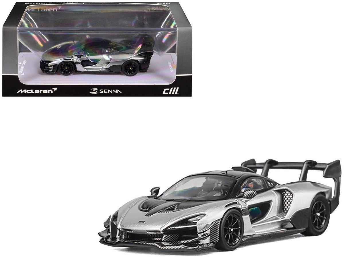 McLaren Senna GTR Silver Gray Metallic with Carbon Hood and Black Top 1/64 Diecast Model Car by CM Model-CM Models-ModelCars.com