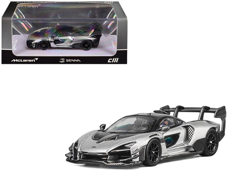 McLaren Senna GTR Silver Gray Metallic with Carbon Hood and Black Top 1/64 Diecast Model Car by CM Model-CM Models-ModelCars.com