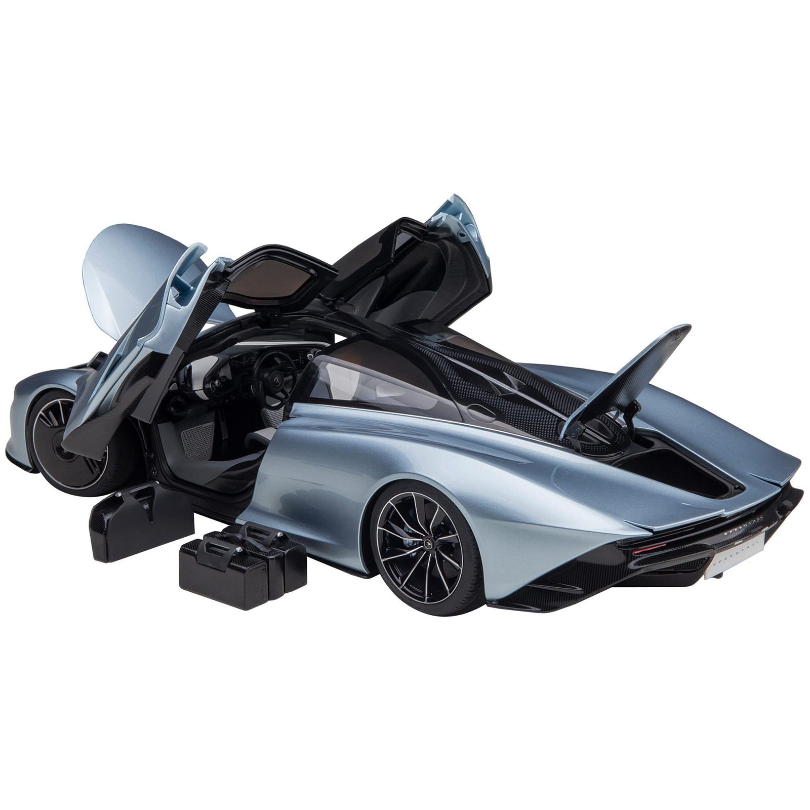 McLaren Speedtail Frozen Blue Metallic with Black Top and Suitcase Accessories 1/18 Model Car by Autoart - Autoart - ModelCars.com