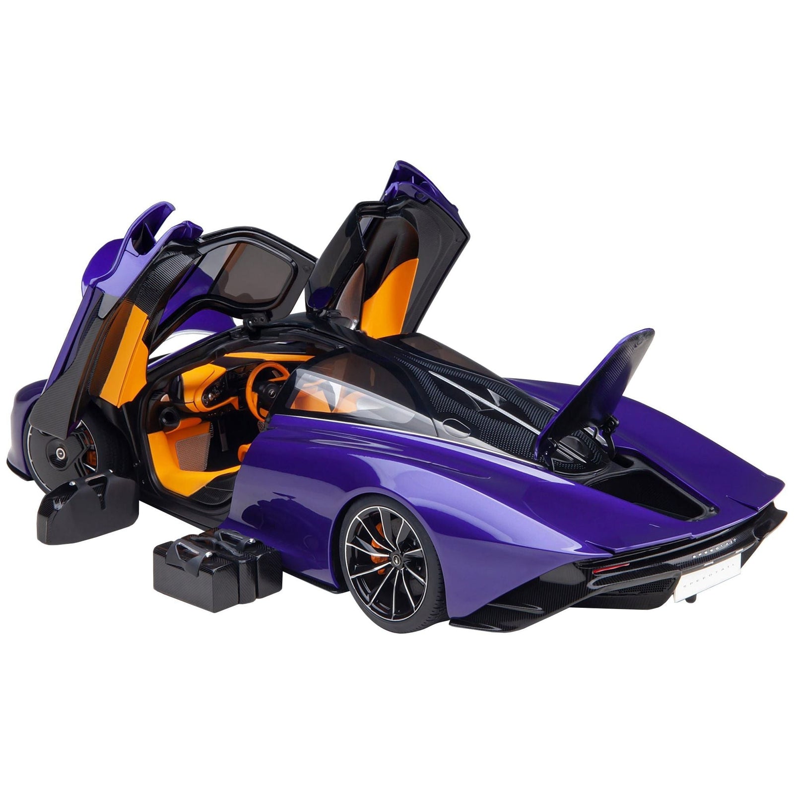McLaren Speedtail Lantana Purple Metallic with Black Top and Yellow Interior and Suitcase Accessories 1/18 Model Car by Autoart - Autoart - ModelCars.com