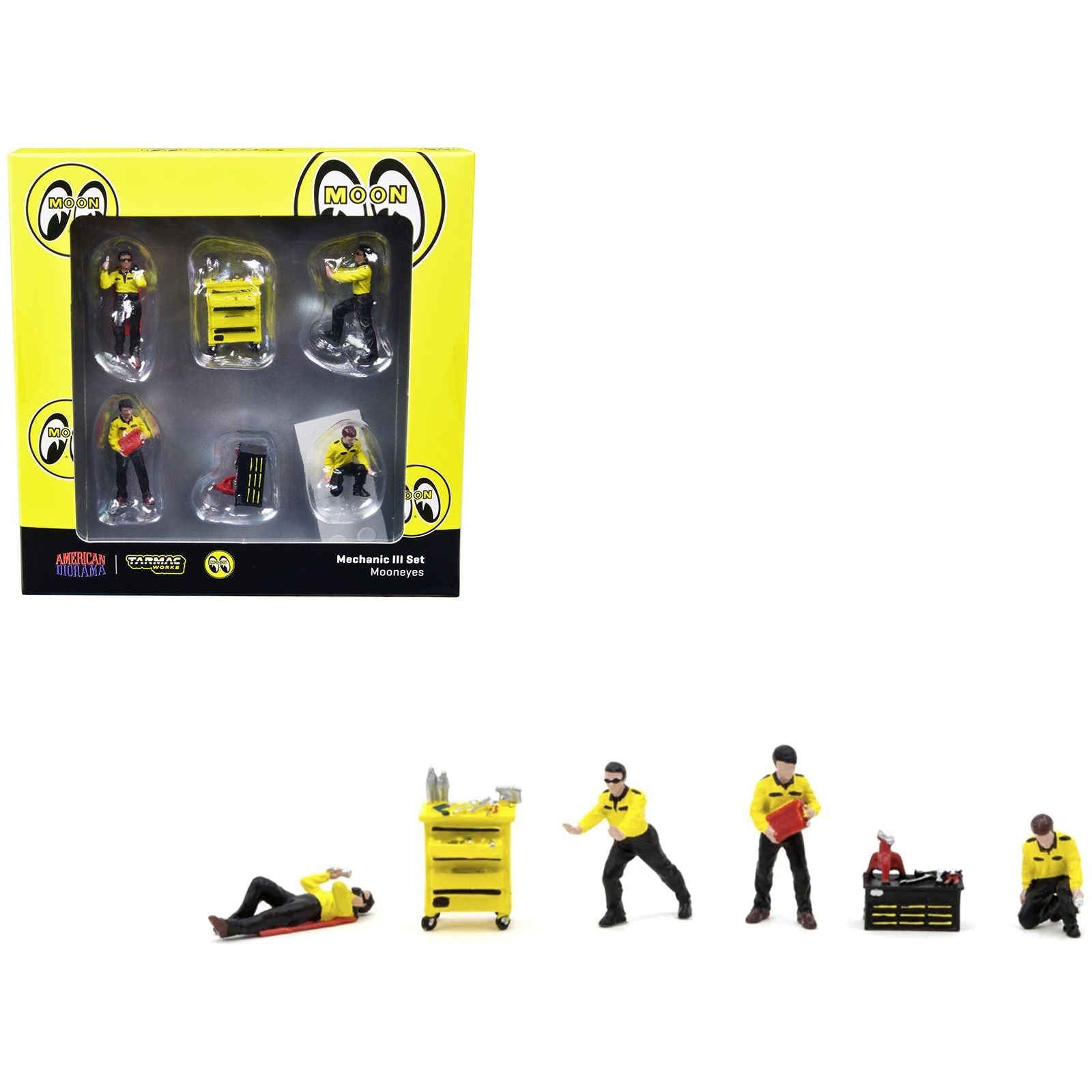 "Mechanic III" 6 Piece Diecast Figure Set (4 Figures and 2 Accessories) "Mooneyes" for 1/64 Scale Models by Tarmac Works & American Diorama - Tarmac Works - ModelCars.com