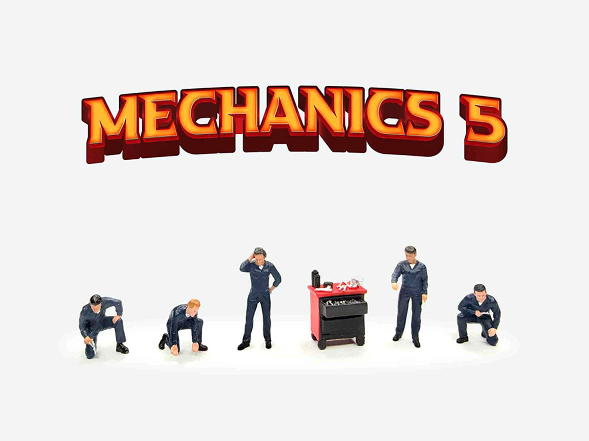 "Mechanics #5" 6 piece Diecast Figure Set (5 Figures 1 Tool Cabinet) Limited Edition for 1/64 Scale Models by American Diorama-American Diorama-ModelCars.com