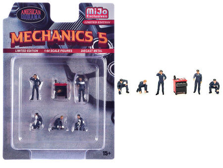 "Mechanics #5" 6 piece Diecast Figure Set (5 Figures 1 Tool Cabinet) Limited Edition for 1/64 Scale Models by American Diorama-American Diorama-ModelCars.com