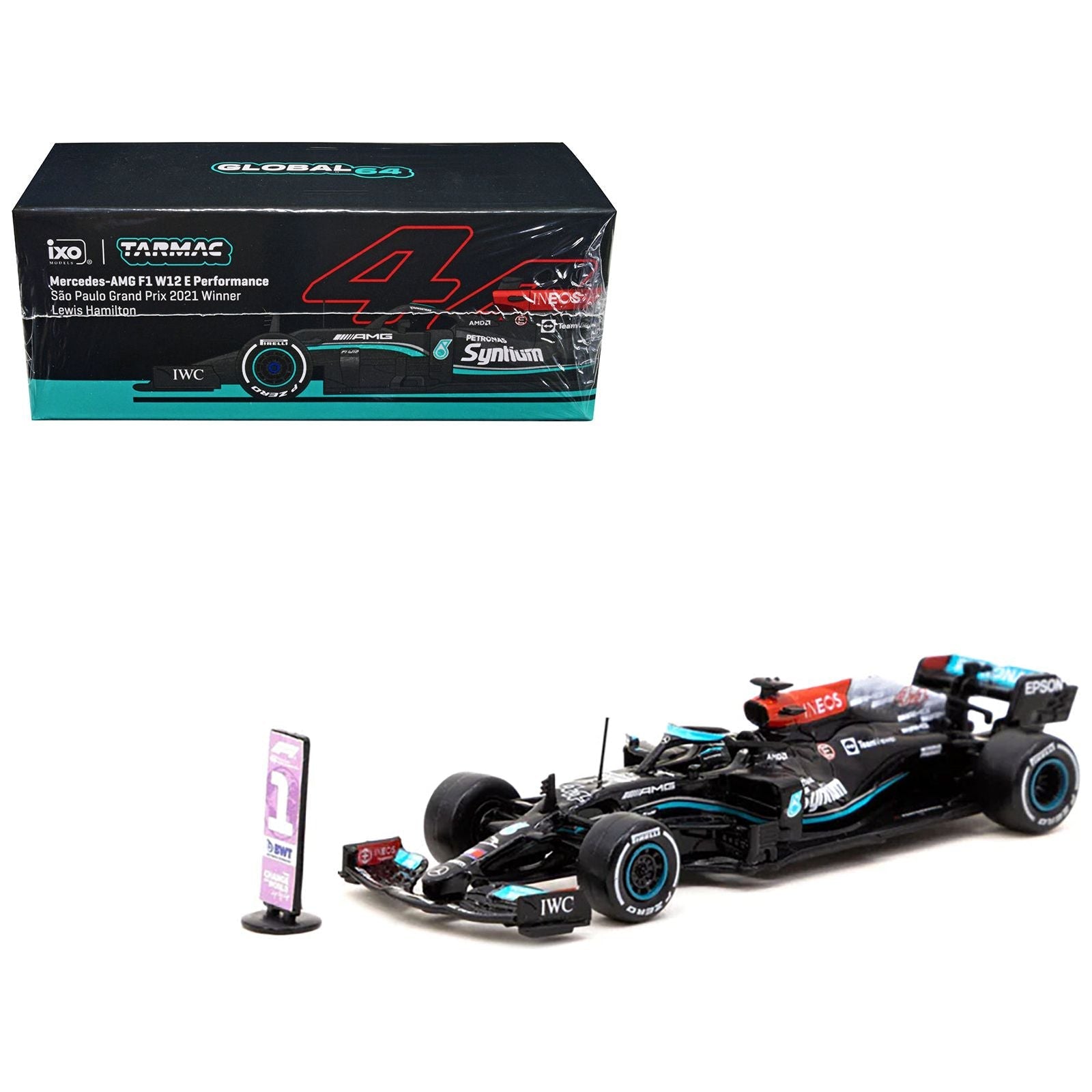 Mercedes - AMG F1 W12 E Performance 44 Lewis Hamilton Winner Formula One F1 Sao Paolo GP (2021) with Number Board "Global64" Series 1/64 Diecast Model Car by Tarmac Works - Tarmac Works - ModelCars.com