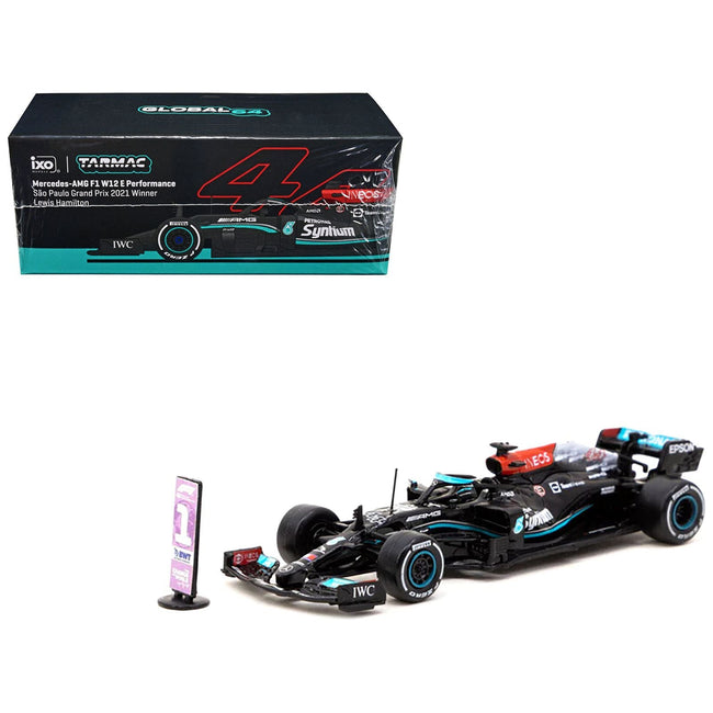 Mercedes - AMG F1 W12 E Performance 44 Lewis Hamilton Winner Formula One F1 Sao Paolo GP (2021) with Number Board "Global64" Series 1/64 Diecast Model Car by Tarmac Works - Tarmac Works - ModelCars.com
