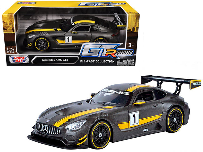 Mercedes AMG GT3 #1 Matt Gray with Yellow Stripes "GT Racing" 1/24 Diecast Model Car by Motormax-Motormax-ModelCars.com