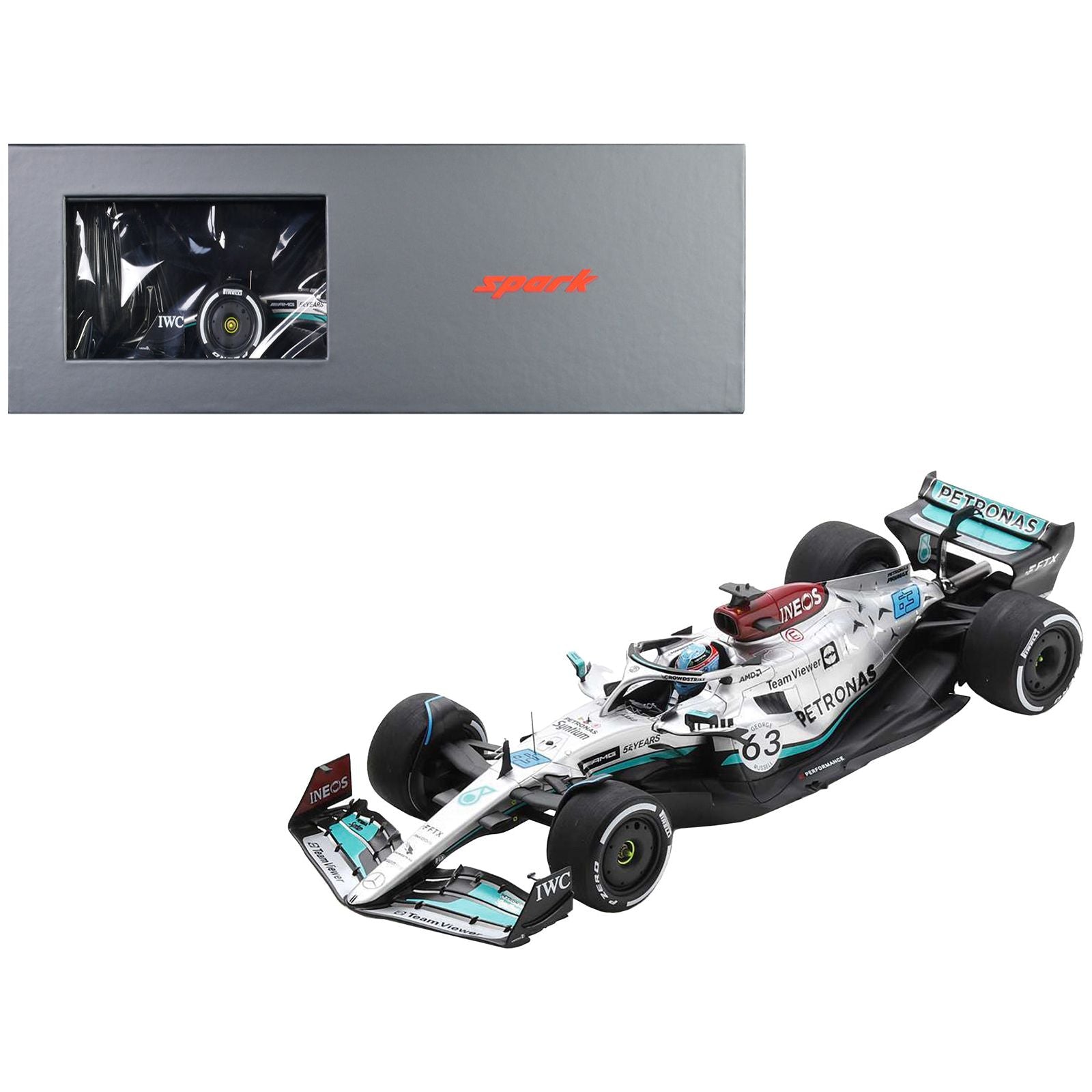 Mercedes - AMG W13 E Performance 63 George Russell "Petronas" Formula One F1 Belgian GP (2022) with Acrylic Display Case 1/18 Model Car by Spark - Spark - ModelCars.com