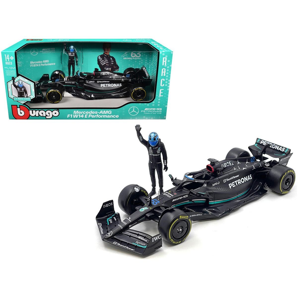Mercedes - AMG W14 E Performance 63 George Russell "Petronas" Formula One F1 World Championship (2023) with Driver Figure 1/24 Diecast Model Car by Bburago - Bburago - ModelCars.com