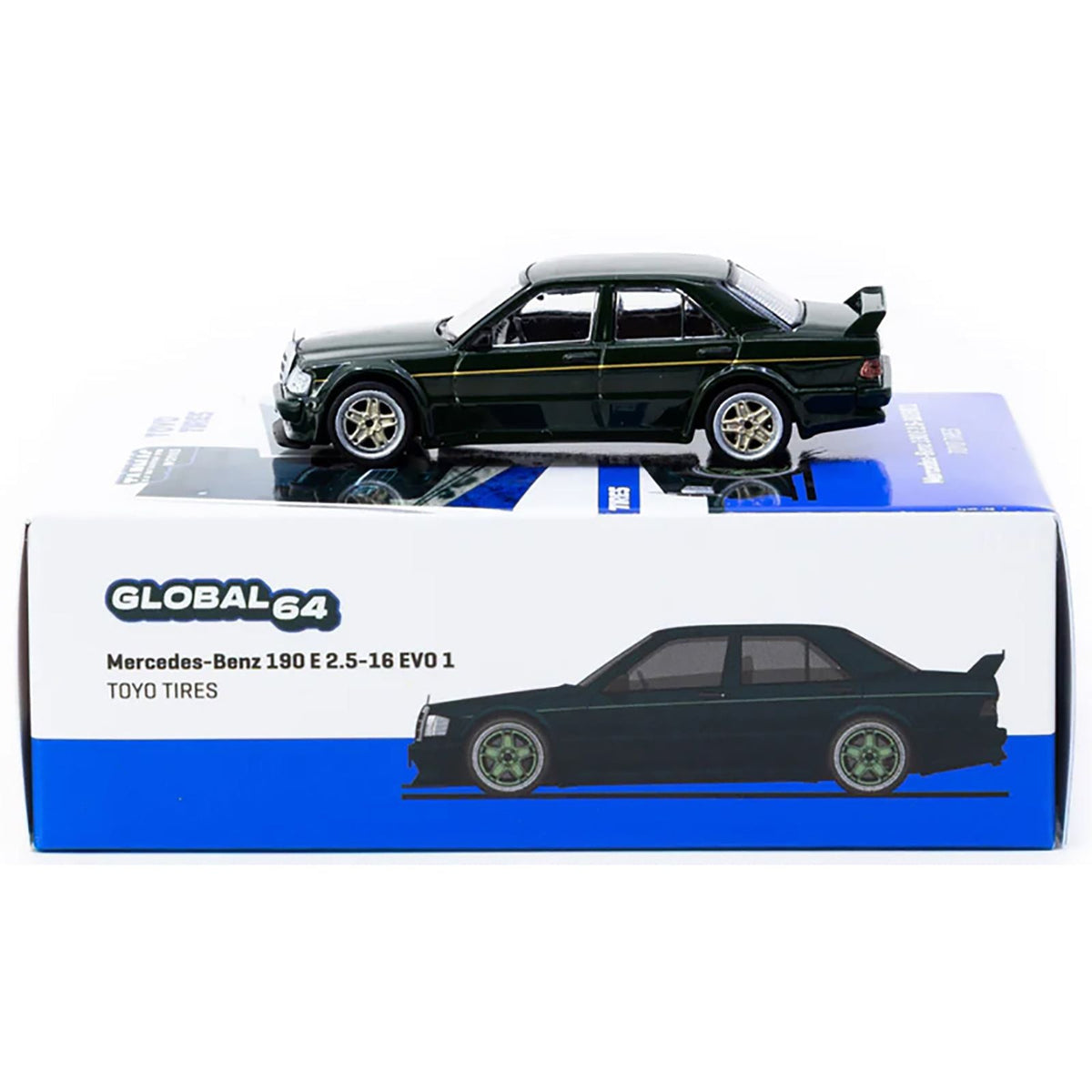 Mercedes-Benz 190 E 2.5-16 EVO 1 "Toyo Tires" Dark Green "Global64" Series 1/64 Diecast Model by Tarmac Works-Tarmac Works-ModelCars.com
