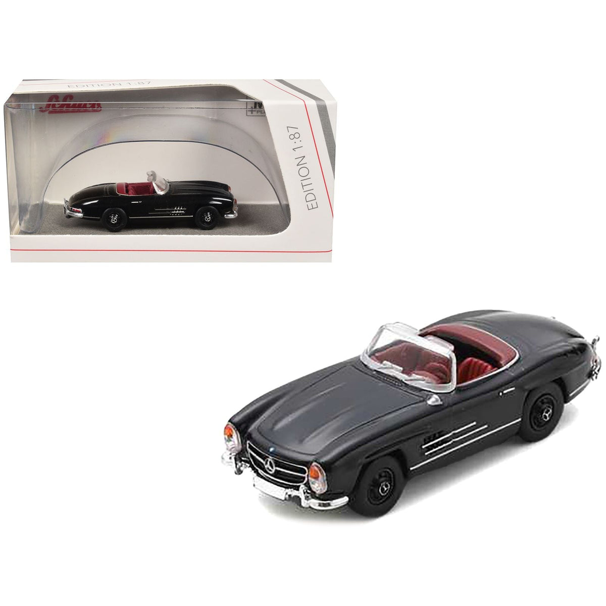 Mercedes-Benz 300 SL Roadster Black with Red Interior 1/87 (HO) Diecast Model Car by Schuco-Schuco-ModelCars.com