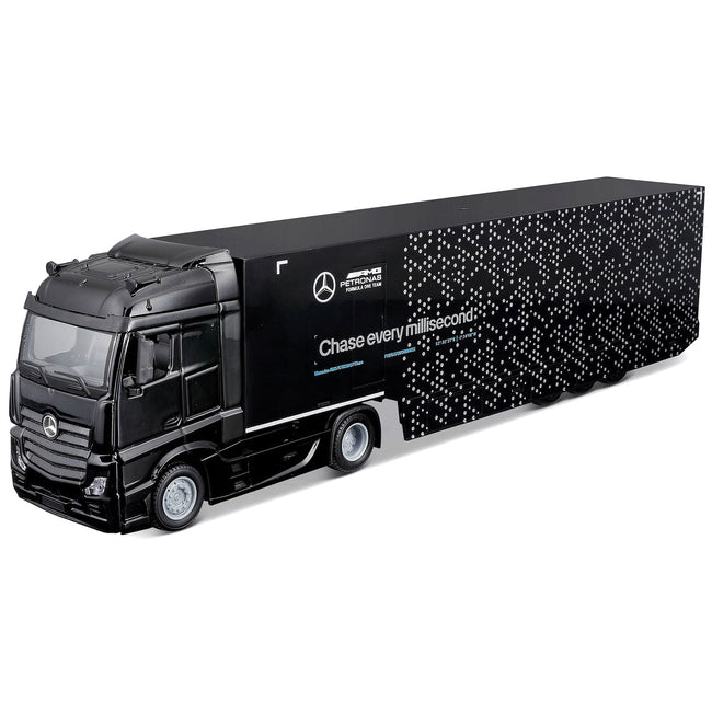 Mercedes-Benz Actros Gigaspace Car Transporter Black and Mercedes-AMG F1 W15 E Performance #63 George Russell "Petronas" Formula One F1 World Championship (2024) "Racing Hauler" Series 1/43 Diecast Model Car by Bburago-Bburago-ModelCars.com