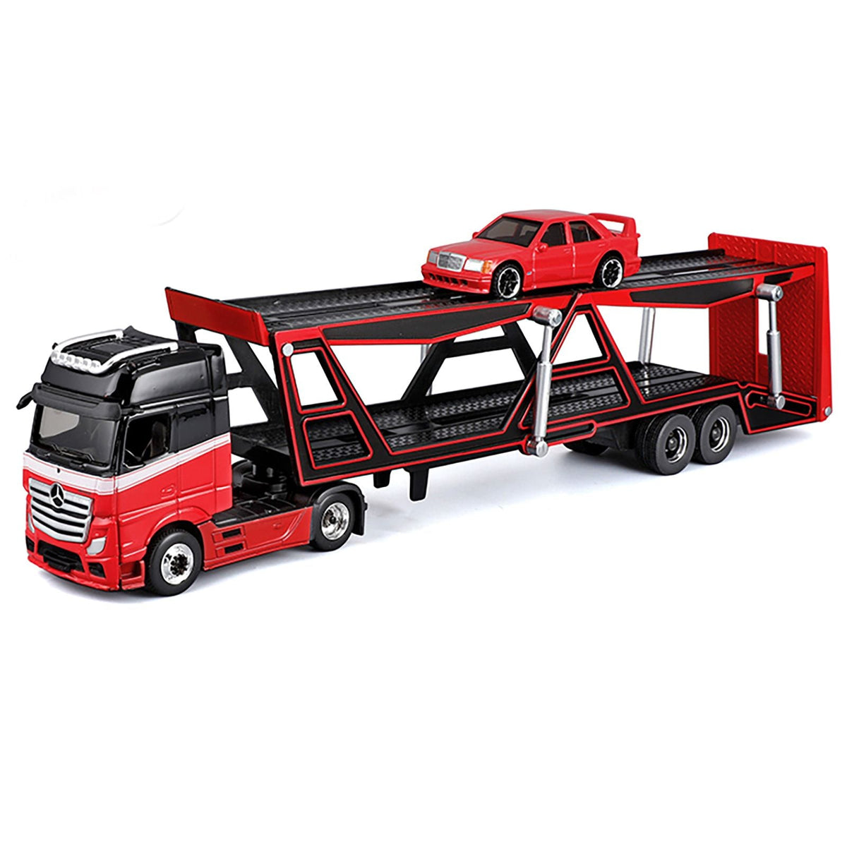 Mercedes-Benz Actros Open Car Hauler Red and Black with White Stripes and 1990 Mercedes-Benz 190E Red "Transporters" Series 1/64 Diecast Models by Maisto-Maisto-ModelCars.com