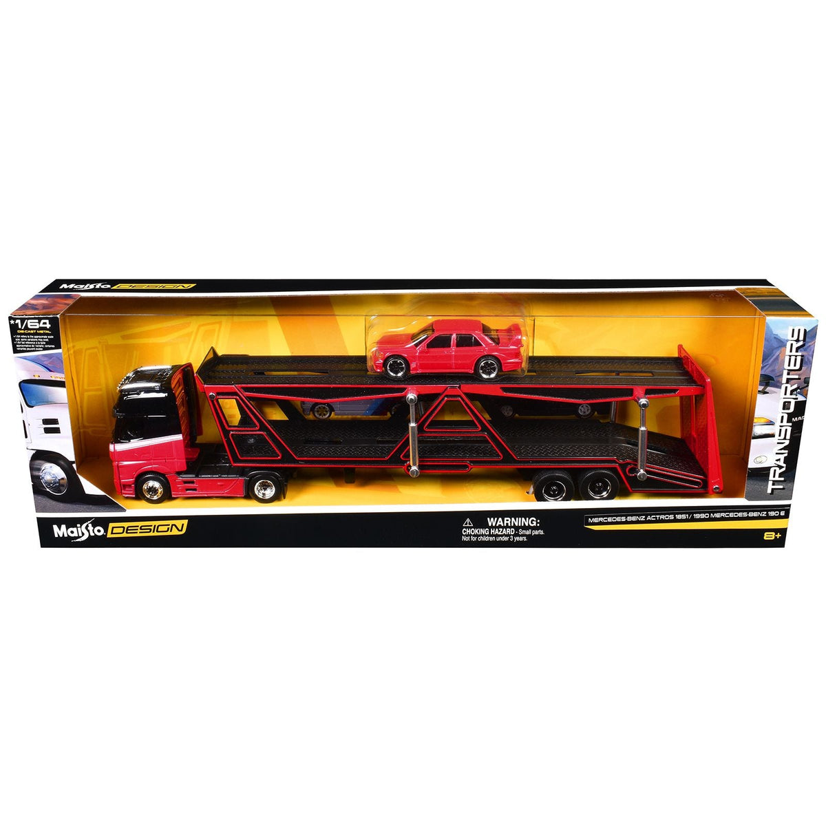 Mercedes-Benz Actros Open Car Hauler Red and Black with White Stripes and 1990 Mercedes-Benz 190E Red "Transporters" Series 1/64 Diecast Models by Maisto-Maisto-ModelCars.com